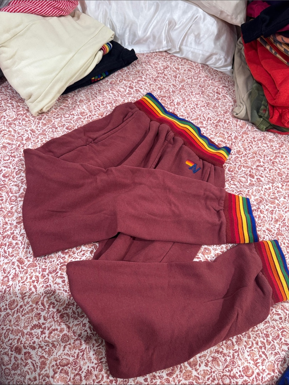 Red aviator nation rainbow stripe joggers